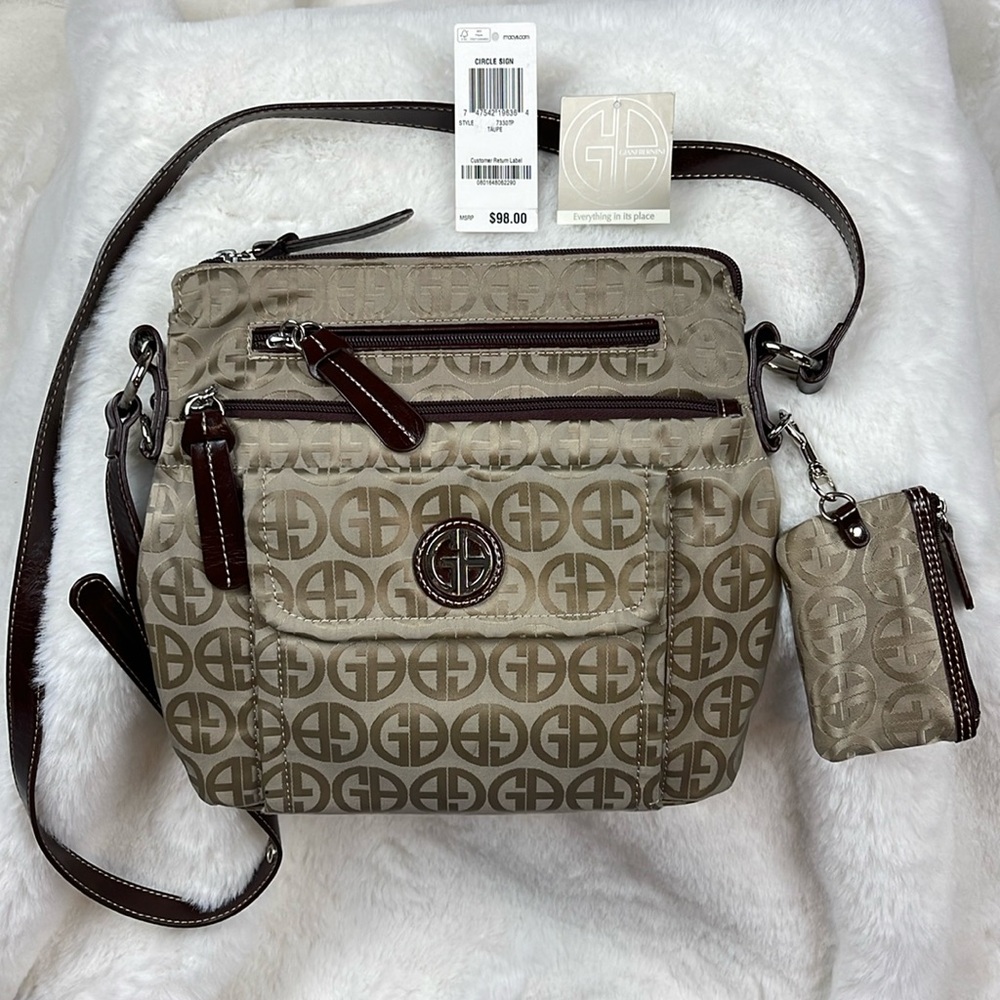 Giani Bernini Single Strap Handbag Bag Zippered Pockets Taupe Logo Coin Purse